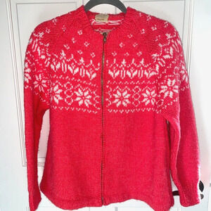 Vintage Cozy Cardigan Hand Made Neon Pink Fair Isle Heavy S/M